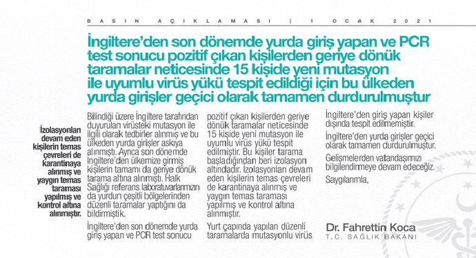 Sağlık Bakanı Fahrettin Koca, İngiltere'den Türkiye'ye giriş yapan ve PCR test sonucu "pozitif" çıkan 15 kişide mutasyona uğramış Corona virüs tespit edildiğini belirterek aşağıdaki açıklamayı yaptı. - fahrettin koca corona mutasyon 15