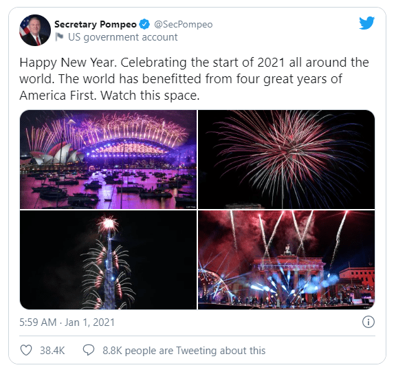 Twitter'da 2021 yılını kutlayan Mike Pompeo, yayınladığı bir dizi fotoğraf arasına Akropolis üzerindeki havai fişek gösterisini de eklerken aşağıdaki yazıyı yazdı: - pompeo tweet