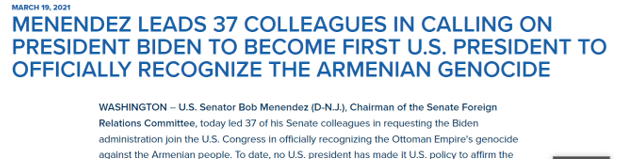 Bundan  yaklaşık iki hafta önce 19 Mart 2021 tarihinde,  ABD  Başkanı Biden’ın  sözde Ermeni soykırımını tanıyacağı  medyada yer almıştır: “Biden: Ermeni Soykırımını Resmen Kabul Edecek”  (Exclusive: Biden Admin to Officially Acknowledge Armenian Genocide  Quick Take  GZERO Media) GZERO Medya'da yayın yapan siyaset uzmanı ve Eurasia Group Başkanı Ian Bremmer, Beyaz Saray'daki kaynaklarına dayandırdığı özel haberinde, Biden'ın seçim kampanyasında da vadettiği gibi  sözde  soykırımı tanımak için çalışmalara başladığını  açıklamıştır: - Screenshot 3