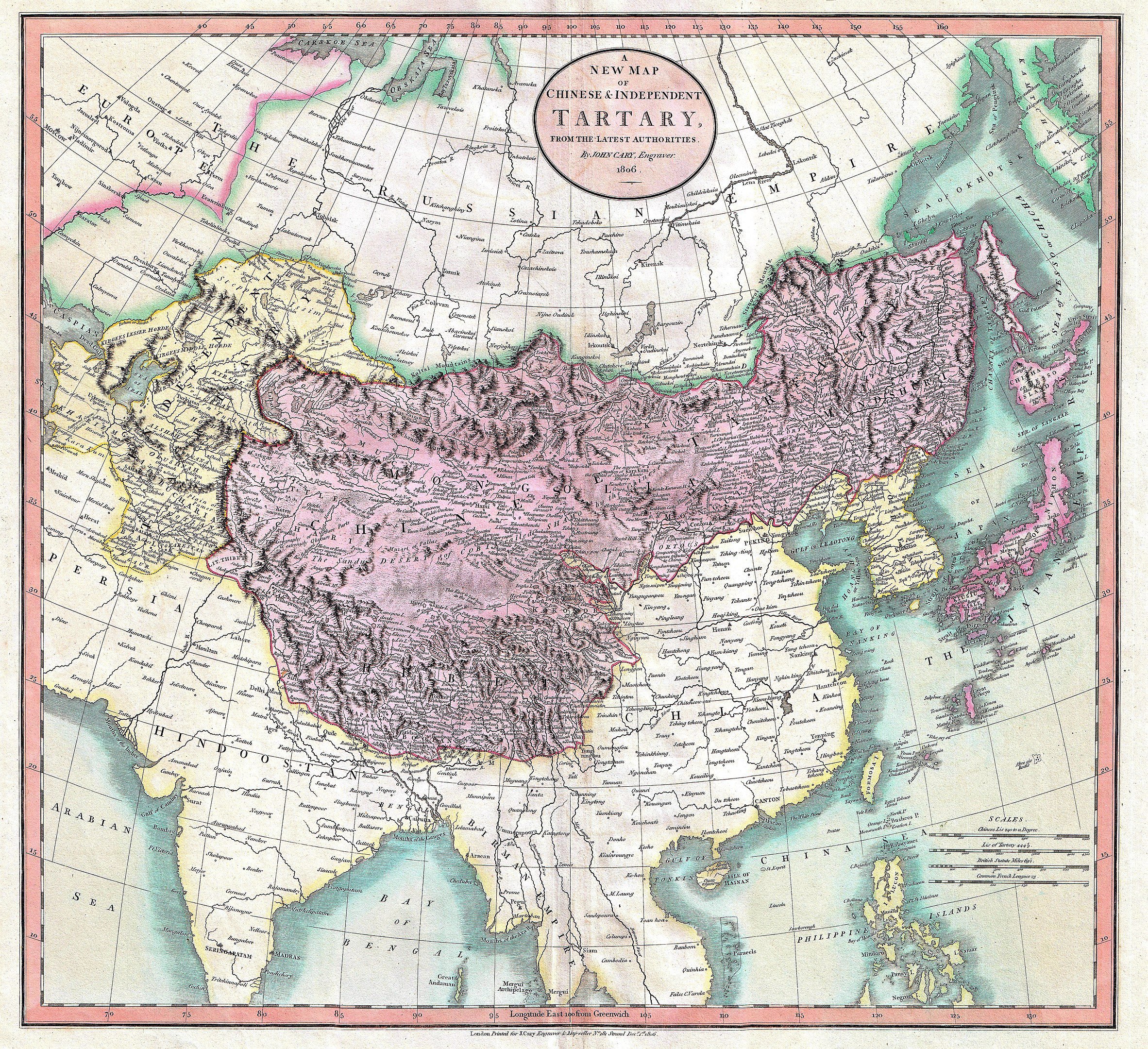 Batı Avrupa literatüründe ve haritacılıkta, Hazar Denizi, Ural Dağları, Pasifik Okyanusu ve Çin ile Hindistan'ın kuzey sınırlarıyla sınırlanmış bölge. - harita Tartary tatarya ortaasya 1806