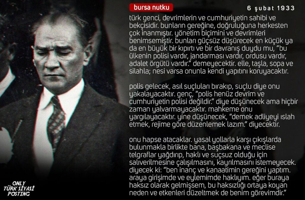 6 Şubat 1933'de Cumhurbaşkanı Gazi M. Kemal ATATÜRK Bursa Söylevi ile Türk Gençliğine hangi görevi vermişti? - 6subat1933 BURSA NUTKU