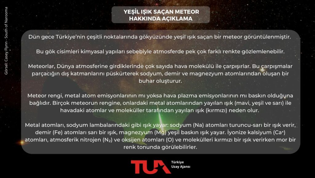 Türkiye Uzay Ajansı, Twitter’da yaptığı paylaşımda “Dün gece Türkiye’nin çeşitli noktalarında yeşil ışık saçan bir meteor görüntülenmiştir.” ifadelerine yer verdi. - tua meteor turkiye uzay ajansi aciklamasi