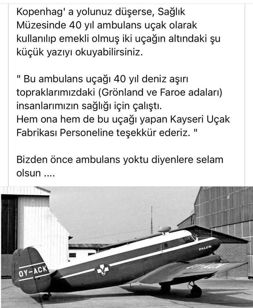 Kopenhag Sağlık Müzesinde 40 yıl ambulans uçak olarak kullanılıp, emekli olmuş bir uçağın altında ki küçük yazıyı okuyun; - tomtas turk mali ucak