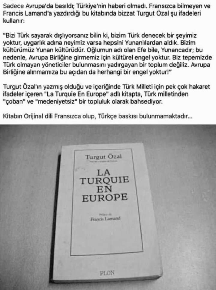"Bizi Türk sayarak dışlıyorsanız bilin ki, bizim Türk denecek bir şeyimiz yoktur, uygarlık adına neyimiz varsa hepsini Yunanlılardan aldık. Bizim kültürümüz Yunan kültürüdür. Oğlumun adı olan Efe bile, Yunancadır; bu nedenle, Avrupa Birliğine girmemiz için kültürel engel yoktur. Biz tepemizde Türk olmayan yöneticiler bulunmasını yadırgayan bir toplum değiliz. Avrupa Birliğine alınmamıza bu açıdan da herhangi bir engel yoktur!” - avrupadaki turkiye turgut ozal