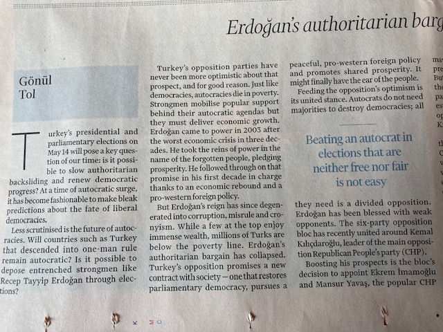 Financial Times'da, Gönül Tol imzası ile yayınlanan yazı Türkiye seçimlerini konu alıyor. Makalenin orijinalinden bir özeti aşağıda bulabilirsiniz. - financial times erdogan