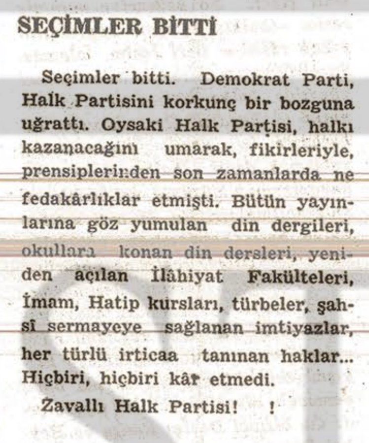Orhan Veli Kanık'ın, Yaprak dergisi'nin 15 mayıs 1950 tarihli nüshasında yayımlanan "seçimler bitti" başlıklı yazısı. - orhan veli secimler bitti