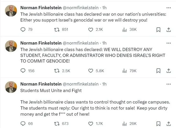 Vay anasını ABD üniversitelerinde özgürlük, özerklik Yahudi lobilerinin izin verdiği kadarmış - norman finkelstein tweet about jewish billionaire on israel war