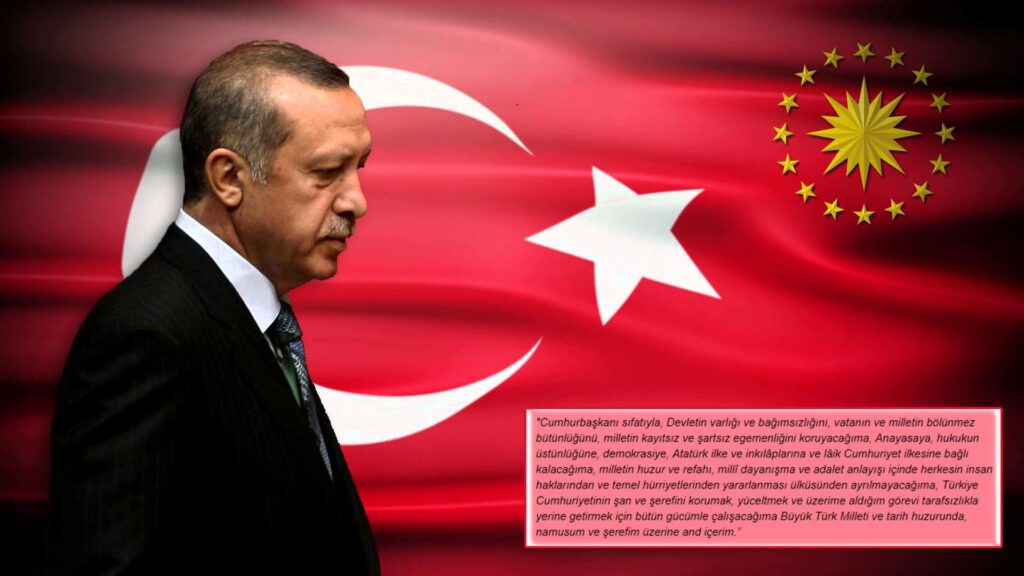 Anayasa, Madde 103Cumhurbaşkanı, görevine başlarken Türkiye Büyük Millet Meclisi önünde aşağıdaki şekilde andiçer:"Cumhurbaşkanı sıfatıyla,Devletin varlığı ve bağımsızlığını, vatanın ve milletin bölünmez bütünlüğünü,milletin kayıtsız ve şartsız egemenliğini koruyacağıma,Anayasaya, hukukun üstünlüğüne, demokrasiye,Atatürk ilke ve inkılaplarına ve laik Cumhuriyet ilkesine bağlı kalacağıma, milletin huzur ve refahı, milli dayanışma ve adalet anlayışı içinde herkesin insan haklarından ve temel hürriyetlerinden yararlanması ülküsünden ayrılmayacağıma, Türkiye Cumhuriyetinin şan ve şerefini korumak, yüceltmek ve üzerime aldığım görevi tarafsızlıkla yerine getirmek için bütün gücümle çalışacağıma ,Büyük Türk Milleti ve tarih huzurunda, Namusum ve Şerefim üzerine ant içerim." - Cumhurbaskani Erdoganin yemin metni