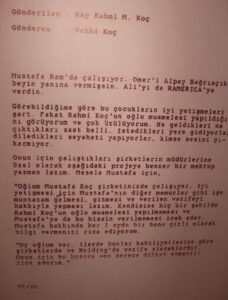 Vehbi Koç’un Mustafa Koç için yazdığı mektup