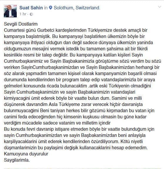 DTİK Yönetim Kurulu Üyesi ve Avrupa Bölgesi Komite Başkanı Suat Şahin'in özrü