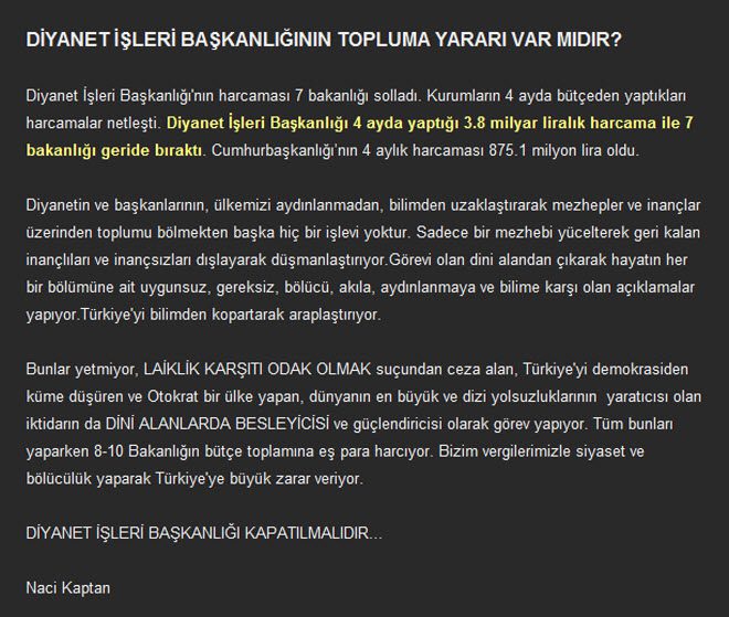 Diyanet İşleri Başkanlığı kapatılmalıdır.