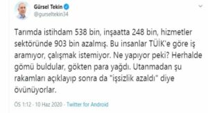 Gürsel Tekin : Utanmadan şu rakamları açıklayıp sonra da “işsizlik azaldı” diye övünüyorlar !