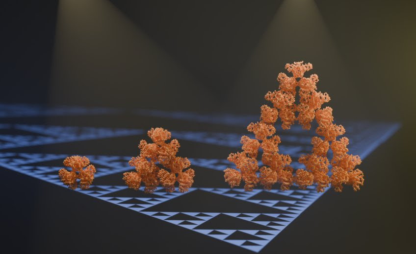 Ein mikrobielles Enzym – die Citrat-Synthase eines Cyanobakteriums – bildet spontan ein regelmäßiges fraktales Muster, das sogenannte Sierpinski-Dreieck. Ein mikrobielles Enzym – die Citrat-Synthase eines Cyanobakteriums – bildet spontan ein regelmäßiges fraktales Muster, das sogenannte Sierpinski-Dreieck.