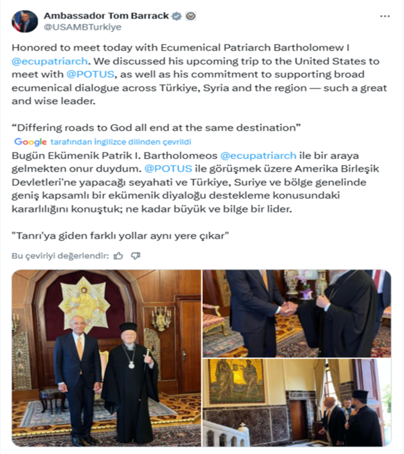 ABD Büyükelçisi T.Barrak da ,Fener Rum Kilisesi’nin “Ekümenik” meselesine parmak atmış!